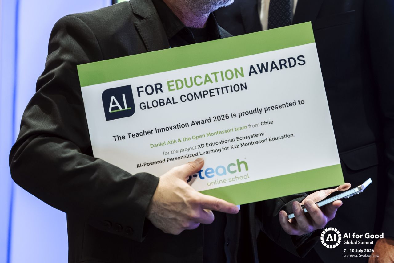 Close-up of the Teacher Innovation Award 2026 certificate for Daniel Atik and the Open Montessori team from Chile